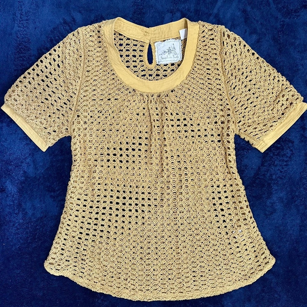 Anthro Angel of the North Senoia Crochet Knit Top M Mustard Cotton Boho - Picture 2 of 12